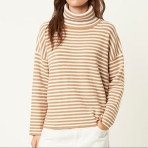 French Connection Tan and White Striped Turtleneck Sweater